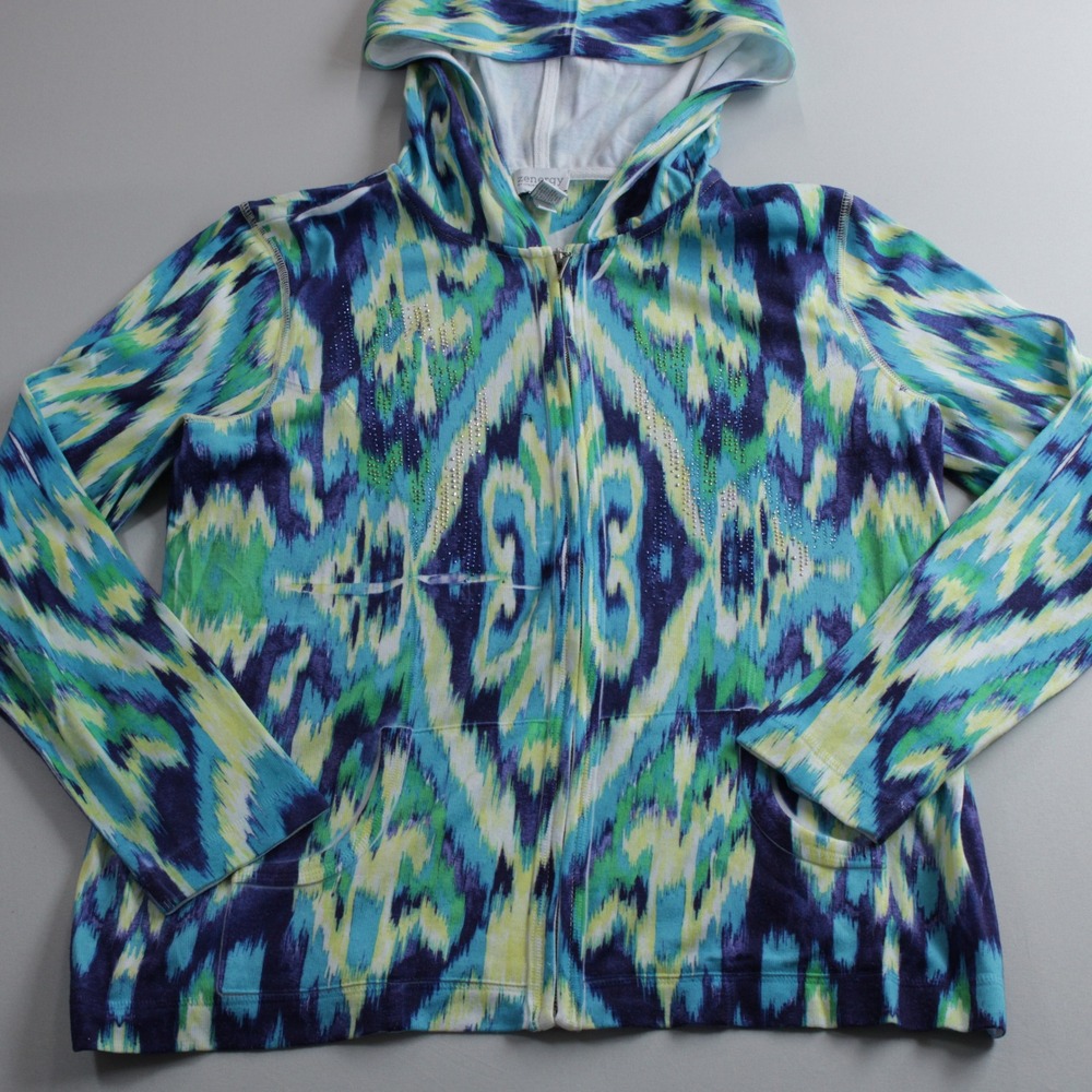 Zenergy by Chicos Abstract Peacock Print Full Zip Hoodie Rhinestone Blue Green 0